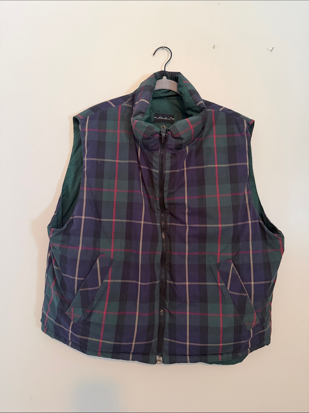 Eddie Bauer Green Navy Plaid Puffer Vest